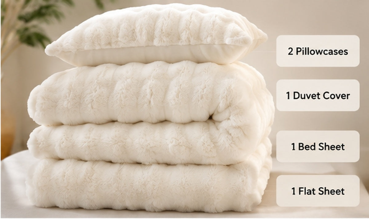 What's included: 2 pillowcases, duvet cover, bed sheet, flat sheet