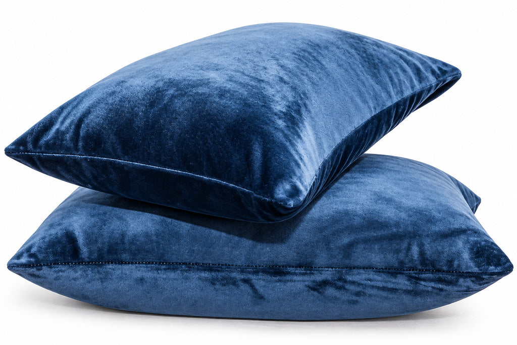 Blue velvet pillowcases, stacked pair