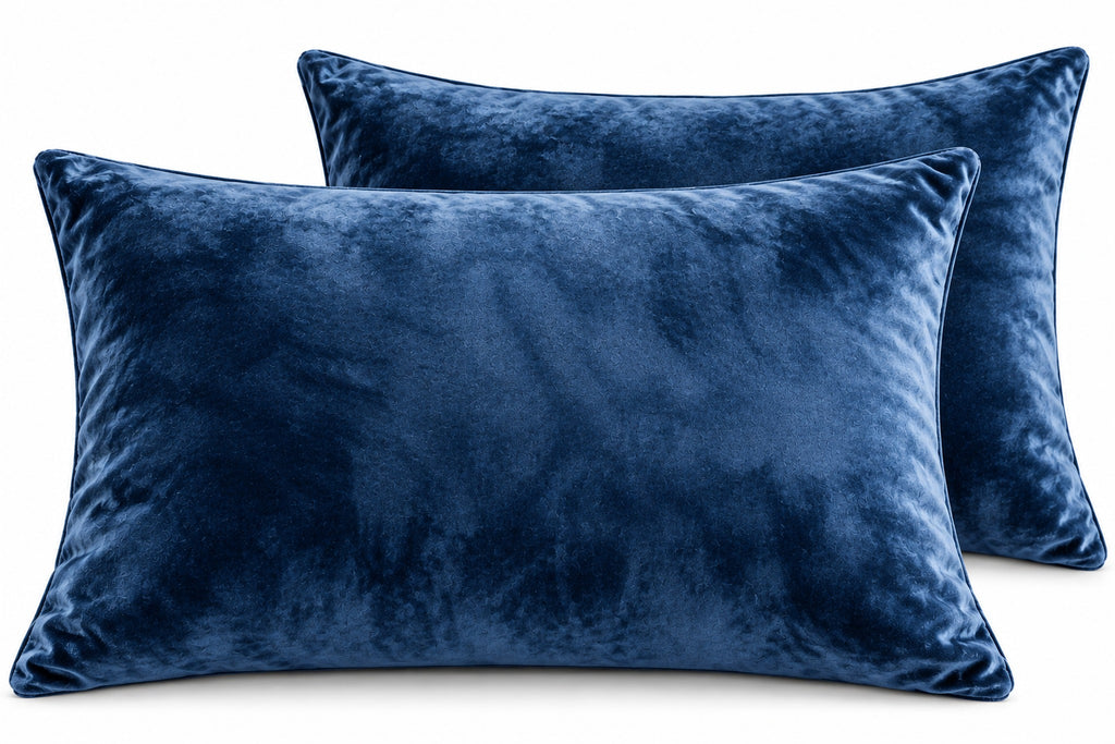 Blue velvet pillowcases, side by side