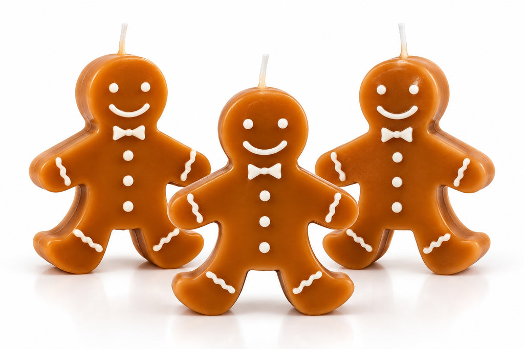 Gingerbread man scented candles, set of 3, studio shot