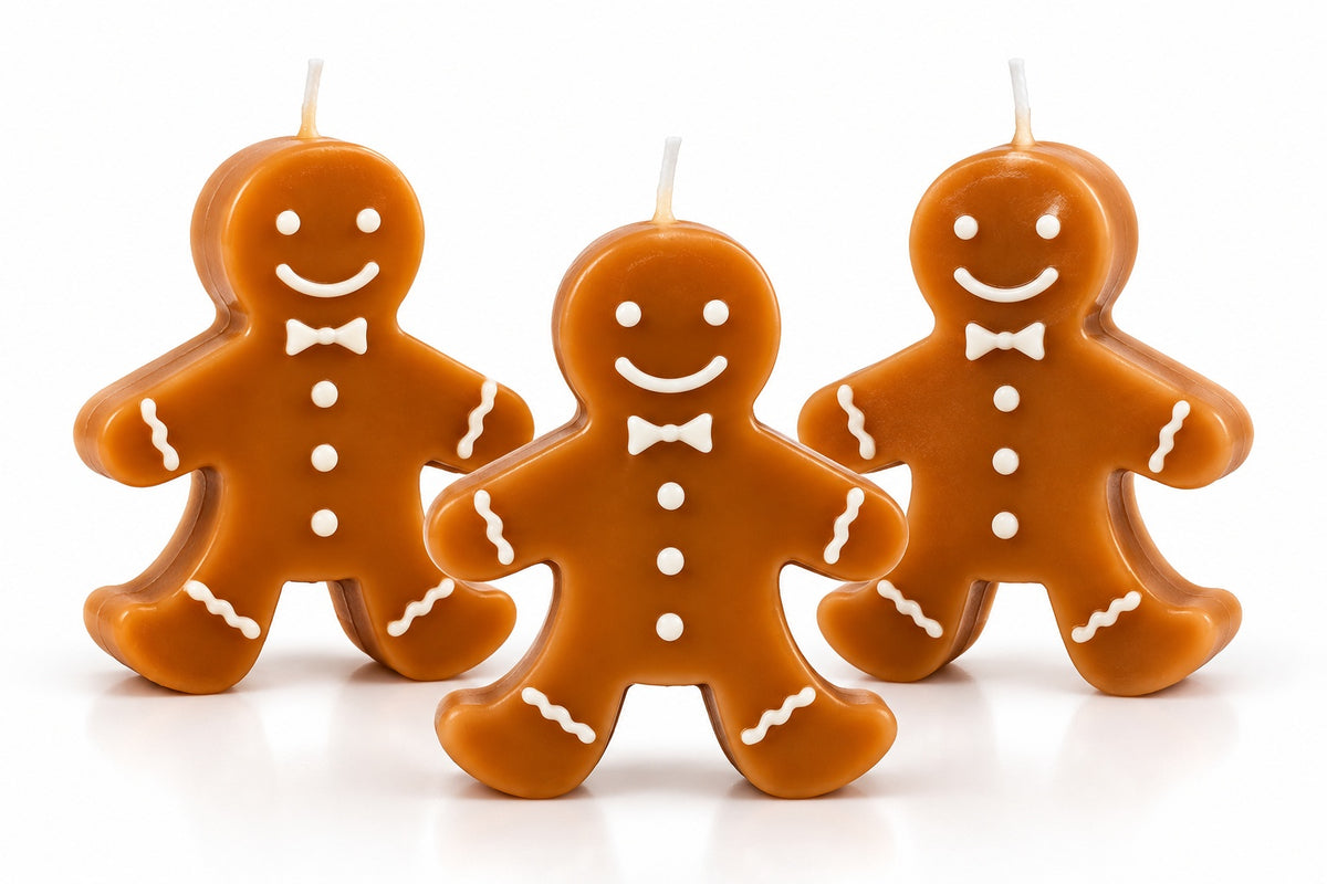 Gingerbread man scented candles, set of 3, studio shot