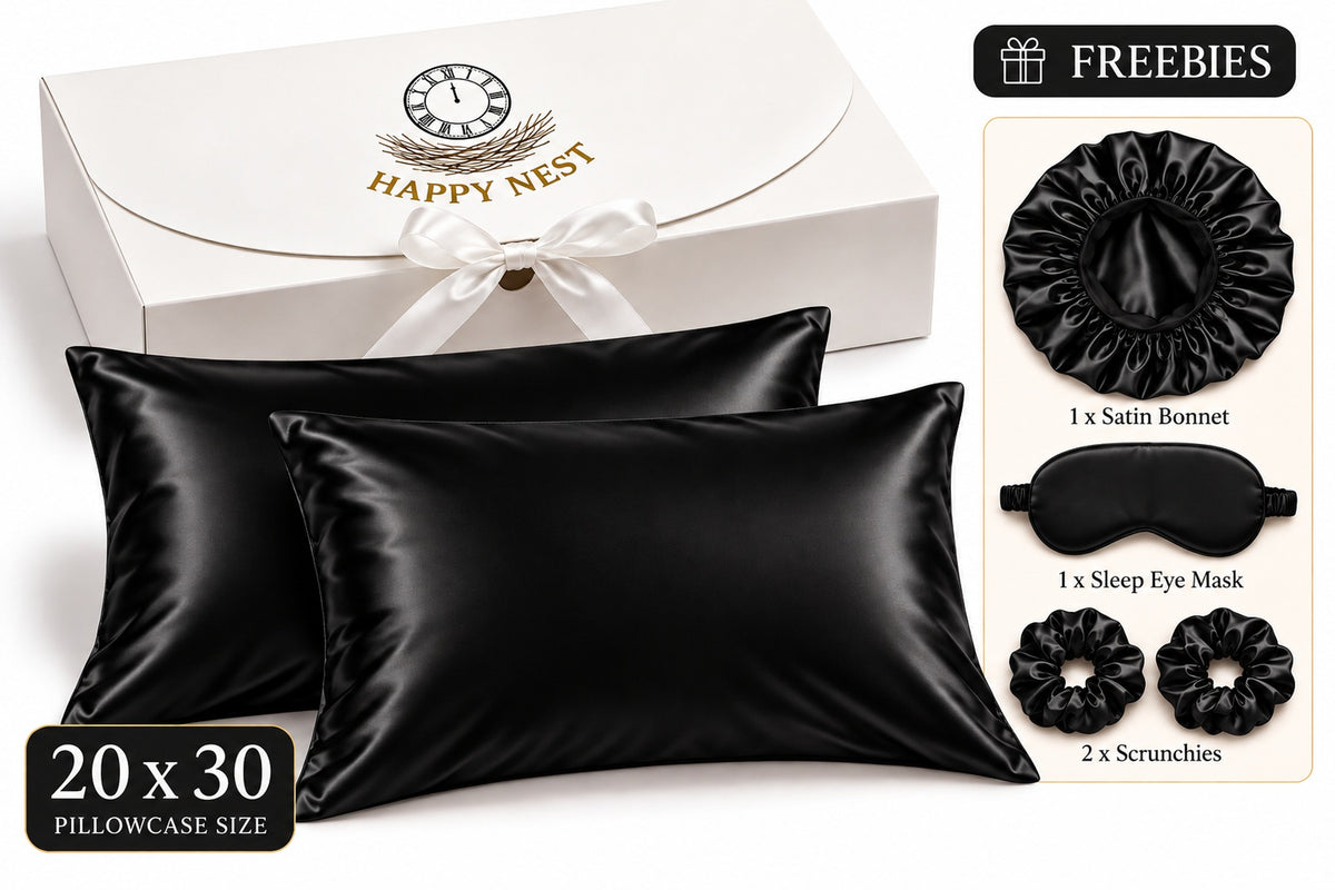 Black satin pillowcase set with Happy Nest gift box and freebies
