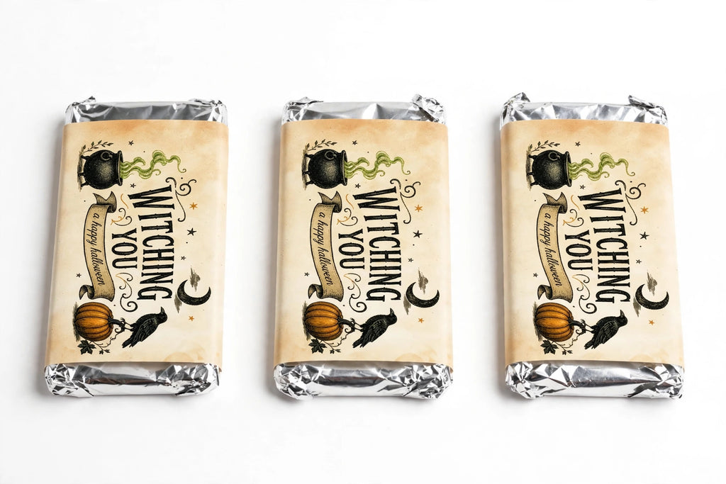 Three thick Halloween chocolate bars in vintage Witching You sleeves, front view