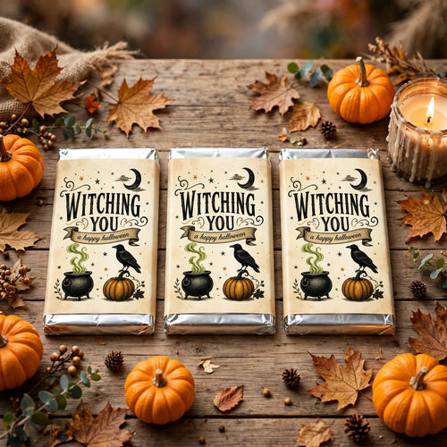 Halloween chocolate bar set styled with pumpkins and autumn decor