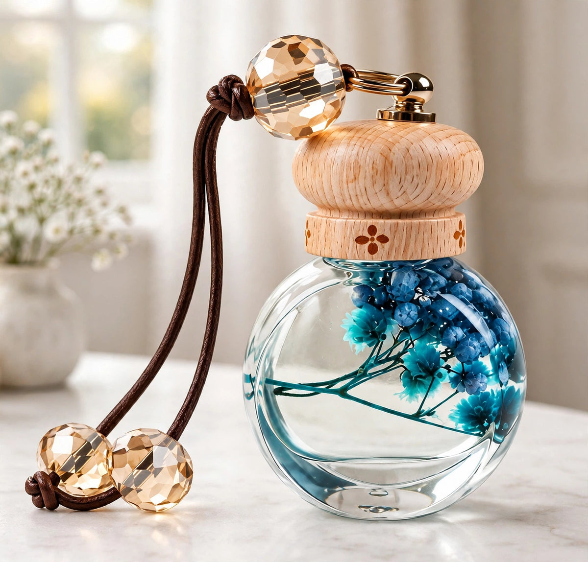 Perfume bottle on a vanity in soft morning light