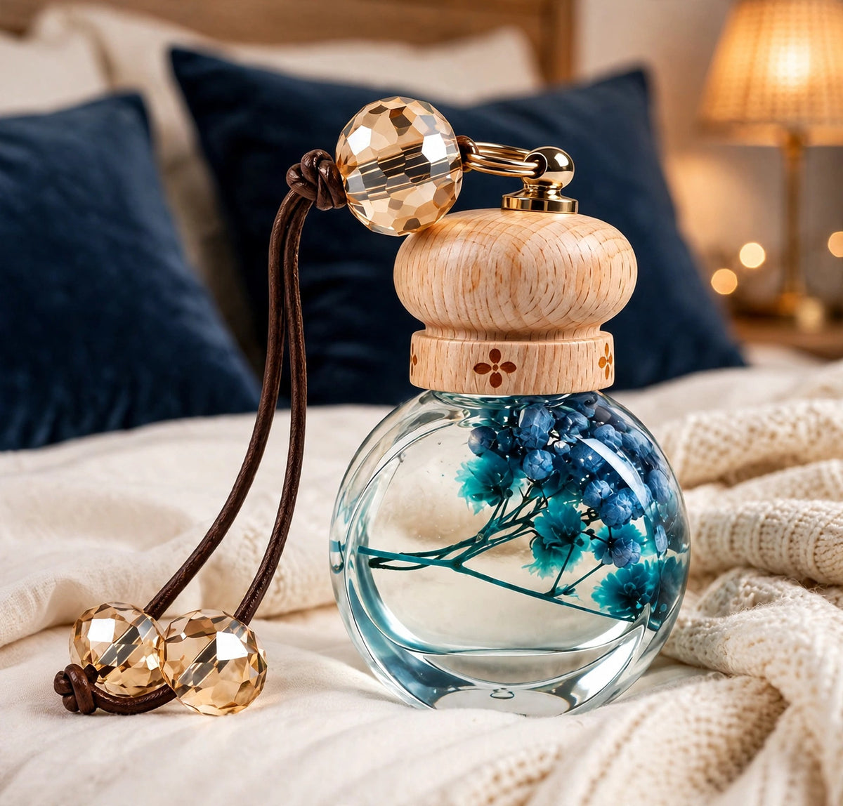 Perfume bottle on a bed with navy blue pillows