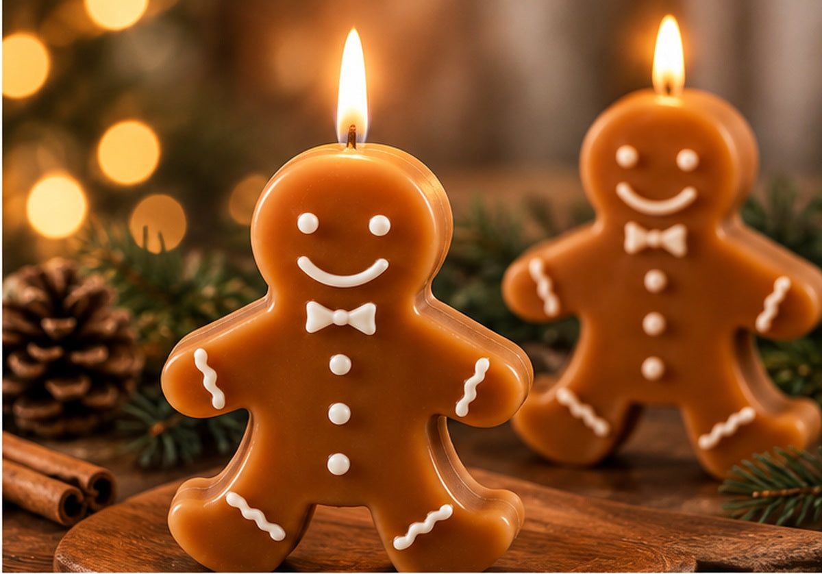 Lit gingerbread candles with warm flame